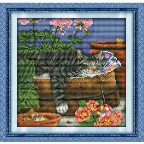 Joy Sunday Sleeping Cat Cross Stitch Kits DMC Counted Printed Pattern 11&14CT DIY Embroidery Needlework Sets Decor Baby Room