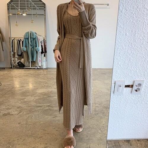 Autumn Winter Fashion Sweater Dress Suit Open Front Long Knitted Cardigans Sleeveless Knitting Dress Two Piece Set With Belt