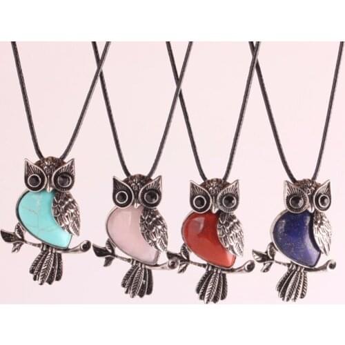 6pcs/lot Natural Stone Amethysts Cute Animal Pendant Necklace Jewelry Fashion Green Aventurine Opal Owls Healing Necklaces Free