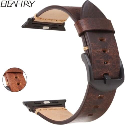 BEAFIRY Watch Band Straps 42mm 44mm Oil Wax Natureal Crack Leather Dark Brown Light Brown For Apple watch iwatch
