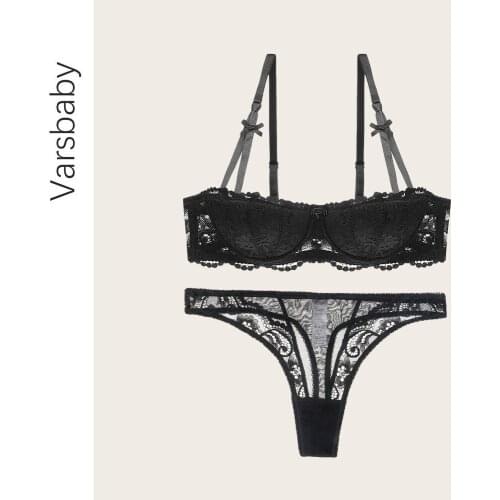 Varsbaby Sexy breathable underwear womens ultra-thin lace see-through small chest underwear thong underwear set