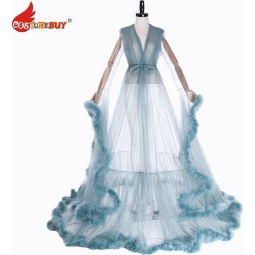 Costumebuy Sexy Illusion Long Lingerie Robe Nightgown Bathrobe Sleepwear Feather Wedding Bridal Robe Boudoir Fluffy Robe