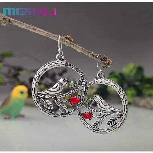 Creative Hollow Out Tree Leaves Little Bird and Rhinestone Flower Drop Earrings for Women Stylish Jewelry Personality Gift