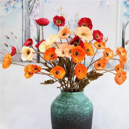 60cm 4 Heads Silk Poppies Autumn Flocking Artificial Flowers Wedding Christmas Party Home Decoration Fall Decor Fake Flowers