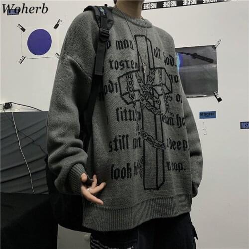 Woherb Woman Man Autumn Vintage Sweater 2021 Harajuku Prrint Knitted Pullover Sweaters Casual Losse Streetwear Jumper Femme