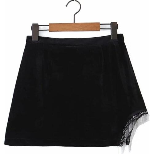 Womens Fashion Velvet Beaded Skirt Solid Color High Waist Sexy Mini Skirt High Street Clothing Spring And Autumn