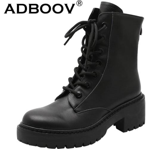 ADBOOV Chunky Heel Black Ankle Boots Women Back Zip PU Leather Platform Boots Fur Winter Boots Shoes Ladies Botas De Mujer
