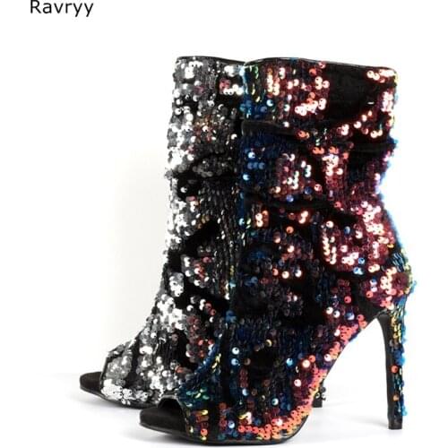 2019 Fashion Woman Ankle Boots Bling Bling paillette colorful Female Short Boot Peep Toe Thin Heel Hot Fashion Autumn Winter