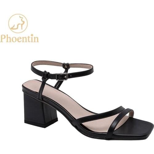 Phoentin 2019 women summer shoes block heels narrow band squre toe classic buckle sandals black hot sale plus size FT684