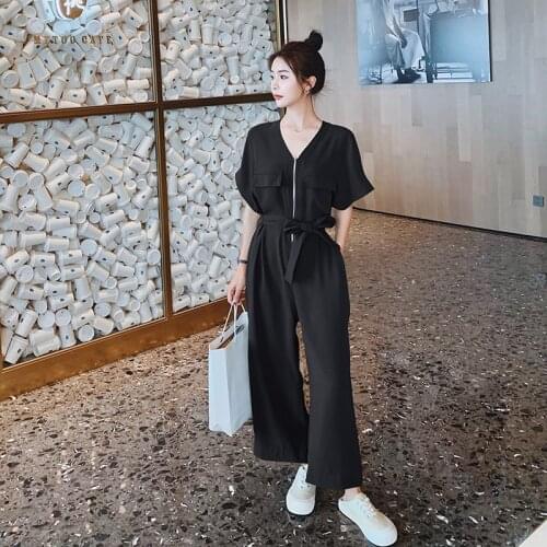 2021 Summer Wide Leg Jumpsuit Women Fashion Short Sleeve V-neck Zipper Loose Bandage Overalls One Piece Pants Streetwear Hip Hop