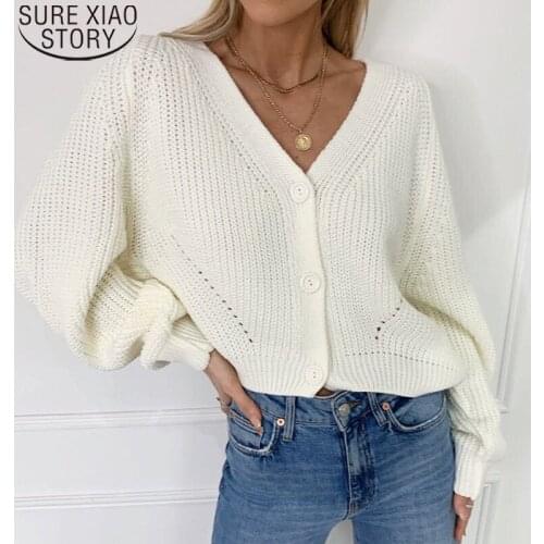 2021 Elegant Hollow Knitted Cardigan Sweater Fashion Autumn Long Sleeve Loose Casual Button Thick V-neck Solid Female Tops 16870