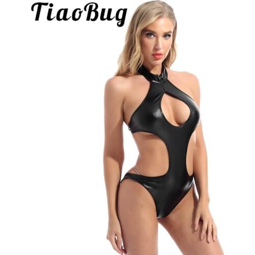 Womens Lingeries Hot Sexy Patent Leather Bodysuit Halter Keyhole Lace-up Backless Leotard Swimsuit Nightclub Party Rave Clothes