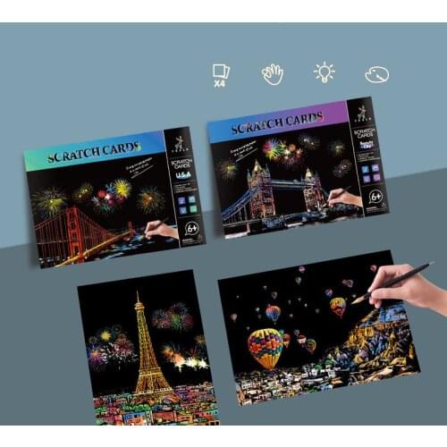 21x29.5 CM 4 Pcs/Set DIY Scraping Painting Creative World Famous Landscape City Building Animals Scratch Painting Drawing Toys