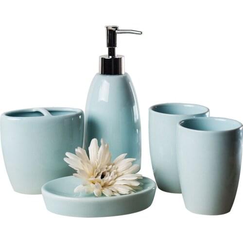 5 Pcs/Set Nordic Simple Solid Color Green Ceramic Wash Set Bathroom Supplies Wash Set Creative Bathroom Accessories Set