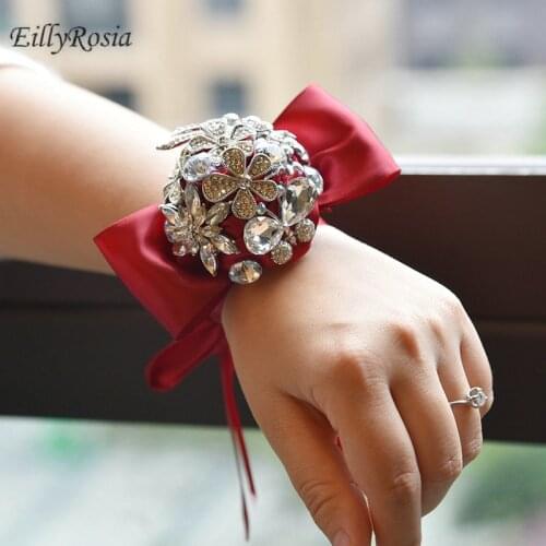 EillyRosia Bridesmaid Wrist Flowers Rose Satin Bridal Corsage Bride Bracelet Jewelry Wedding Accessories 4 Colors Custom Made