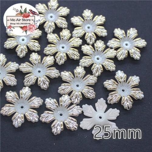 50pcs/lot 25mm Ivory gold color Flower Beads ABS Resin Flatback Simulated pearl Beads Jewelry Crafts Decoration ScrapBooking