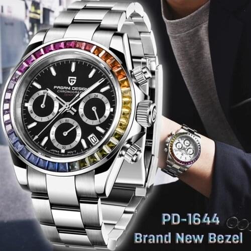 Pagani Deisgn Brand Rainbow Bezel New Sport Watch men Quartz Stainless Steel 100MWaterproof Mens watch VK63 Sapphire Chronograph