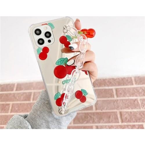 Korean Cute Cherry Makeup mirror Phone Chain case for iphone 12 Pro Max 11 XR X XS Max 7 8 plus Silicone Soft Glitter Back Cover