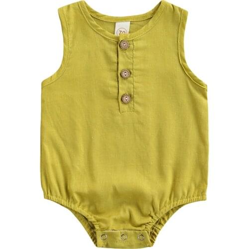 Infant Sleeveless Romper with Button Closure, Solid Color Casual Style Cool Summer Clothing