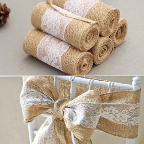 15cm x 275cm Jute Burlap Lace Chair Sashes Linen Chair Knot Tie Bow for Vintage Wedding Mexican Engagement Anniversary Decor
