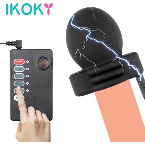 IKOKY Electric Shock Therapy Penis Massage Penis Electro Stimulator Adult Products Glans Trainer Sex Toys For Men Delay Training