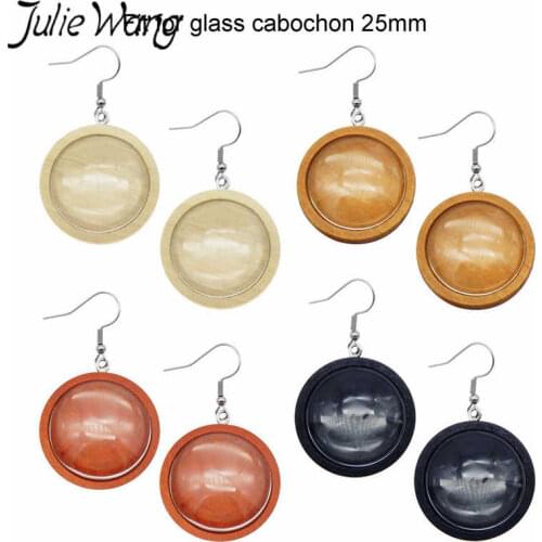 Julie Wang 25mm Wood Cabochon Base Settings Glass Cabochon Stainless Steel Ear Hooks Blank Tray Earring Jewelry Making Accessory