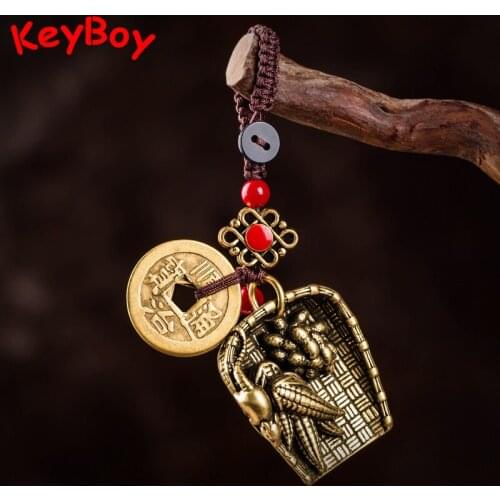 Brass Rat Corn Peanut Dustpan Feng Shui Car Keychain Pendant Vintage Lucky Women Bag Hangings Jewelry Handmade Lanyard Keyrings