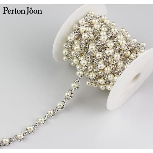 1yard Two styles small pearl crystal Manual rhinestones trim Ribbon metal chain DIY dress, bag, shoes accessories ML006-007