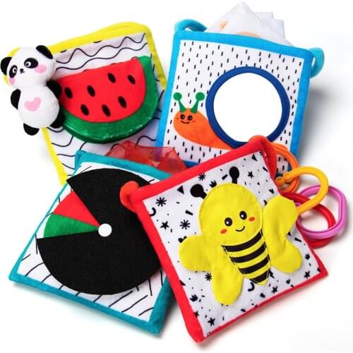 Beetoy Soft Sensory Activity Baby Toys Plush Toys, High Contrast Crinkle Newborn Preschool Toys with Mirror & Teether (4 Packs)