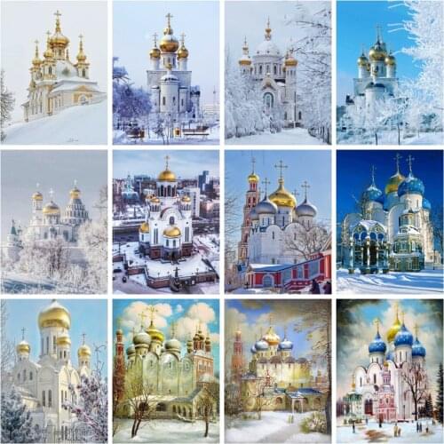 Huacan Diamond Painting Kit Winter Castle Scenery Mosaic Diamond Embroidery Snow Building Landscape Wall Decor