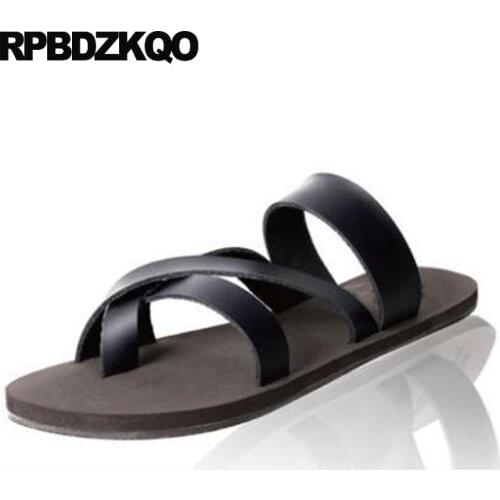 Slip On Leather Toe Loop High Quality Strap Slides Casual Roman Black Flat Japanese Slippers Shoes Men Gladiator Sandals Summer