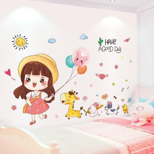 [shijuekongjian] Cartoon Girl Wall Sticker DIY Animals Balloons Mural Decals for Kids Room Baby Bedroom Nursery House Decoration