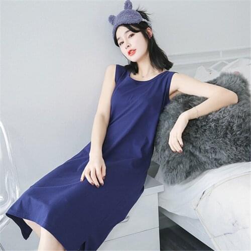 Nightdress sleeveless womens summer cotton Korean simple nightgown loose large size robe solid color home skirt elegant dress