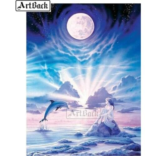 New diy 5d diamond painting dolphin woman moon full square rhinestones 3d diamond embroidery diamond mosaic crafts