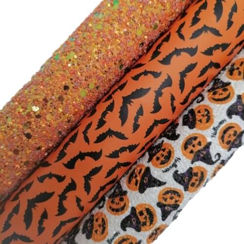 Orange Pumpkins Printed Glitter leather, Bats Printed synthetic leather,Halloween Faux Leather Sheets For Bows 21X29CM KM633