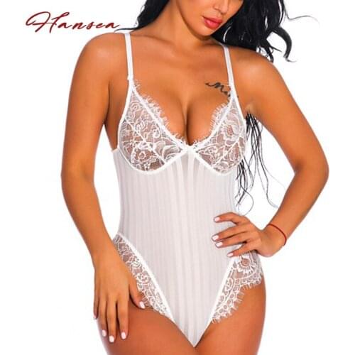 Sexy See Through Striped Bodysuit Lace Trim HigH Cut Tonga Bottom Lace Cup Teddies White Sexy Lingerie PushUp Backless Nightwear