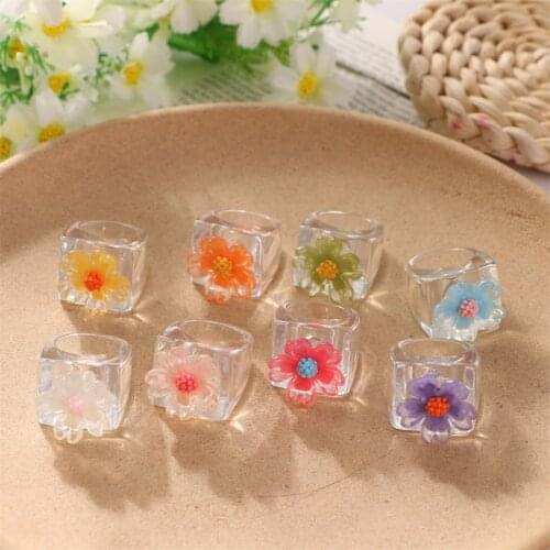 Transparent Resin Acrylic Geometric Square Ring Colorful Cartoon Love Flower for Women Girls Jewelry Gifts IFMIA 2021