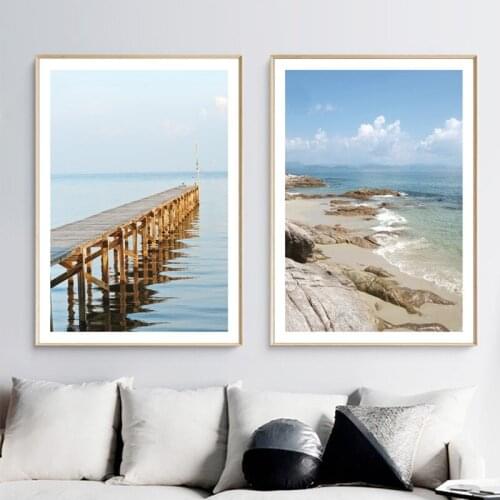 Nordic Decoration Home Wall Art Beach Bridge Blue Sky Seascape Wall Art Canvas Painting Landscape Wall Pictures for Living Room