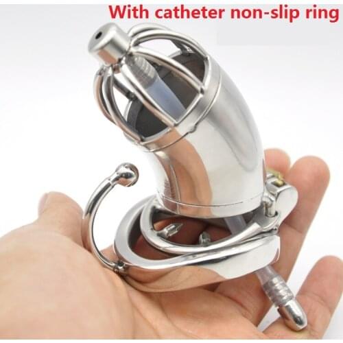 Dormant Lock Design Medium Male Stainless Steel Cock Cage W Catheter Penis Non-Slip Ring Chastity Belt Device BDSM Sex Toy