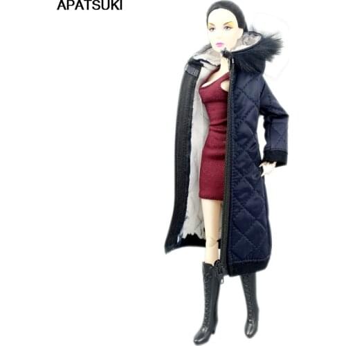 Navy Blue Winter Long Coat Hoodie for Barbie Doll Outfits Clothes Parka For 1/6 BJD Doll Jacket 1:6 Dolls Accessories Kids Toys
