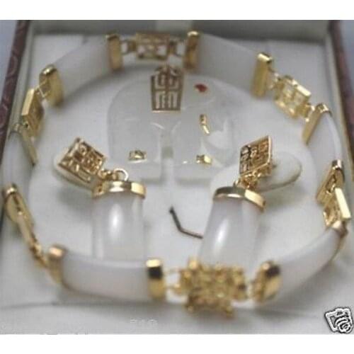 Jewelry White jade pendant necklace earring bracelet set+ chain