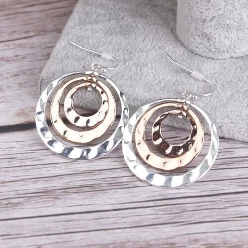 Triple Circle Drop Earrings Gold Color Hammered Metal Round Earrings for Women Winter Jewelry New Arrival 2020 Wholesale E7786