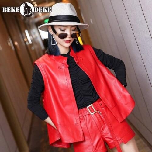 Korean Style Womens New Short Genuine Leather Fashion Vest Jacket O-Neck Office Lady High Quality Sheepskin Elegant Vest