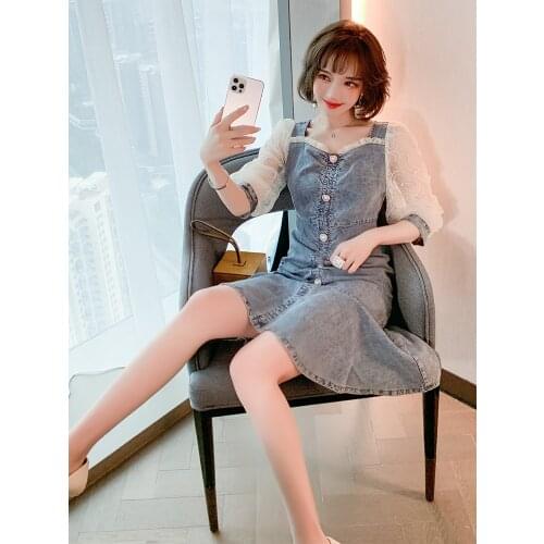 Top Quality Polka Dot mesh sleeve splicing denim single breasted Ruffle fishtail dress for women