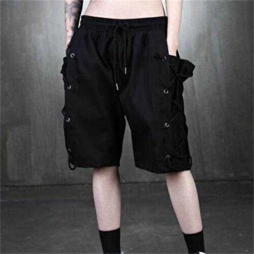2021 Korean fashion mens new black bandage straight fashion casual shorts solid color popular loose pants