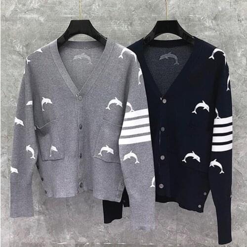 2021 Fashion Brand Sweaters Men Women Slim Fit O-Neck Cardigan Clothing Striped Wool Dolphin Pattern Winter Casual Coat