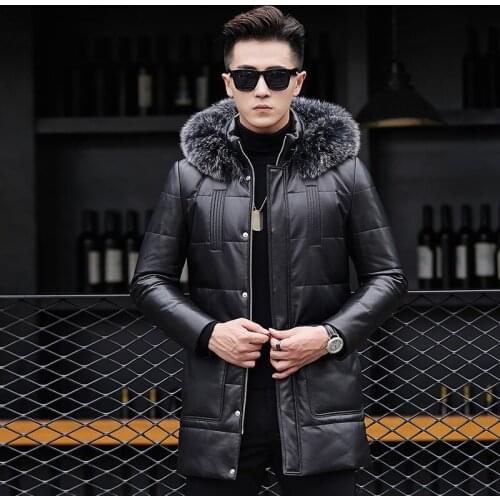 AYUNSUE Mens Genuine Leather Down Jacket Long Winter Sheepskin Coat Fox Fur Collar Real Leather Jacket Men 81X17317 KJ2427