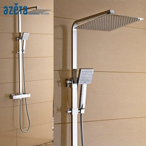 Azeta Bathroom Chrome Finish Wall Mounted Square Thermostatic Shower Faucet With Shower Set AT1865T
