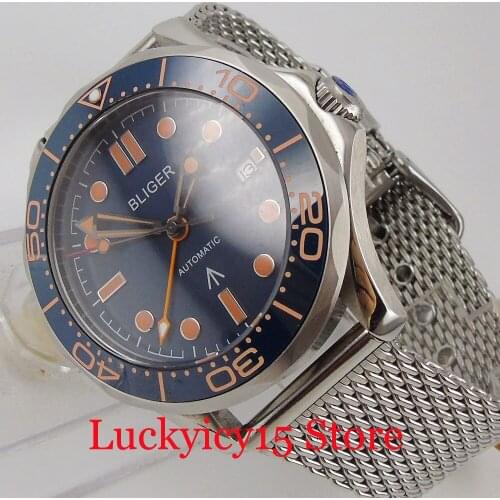BLIGER Brand Stainless Steel Mechancial Men Watch Sapphire Glass Mental Band Blue Dial GMT Hand Rotating Bezel