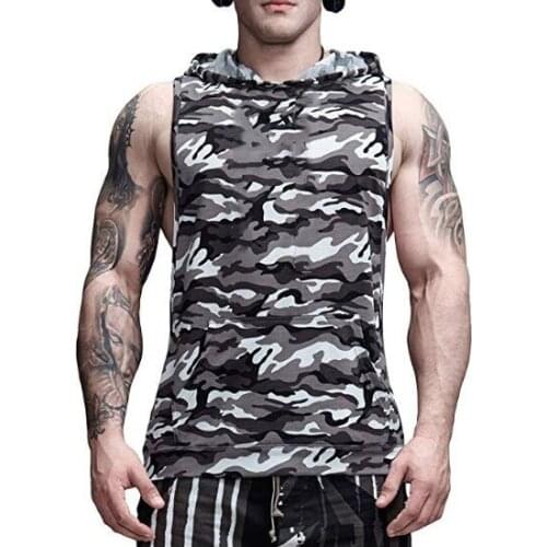 Feitong bodybuilding gym mens clothing 2021 summer camouflage flaps sleeveless tank top with hooded cotton vest hoodies